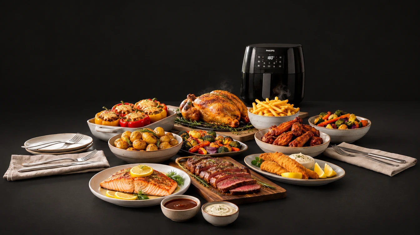 Air fryer e pratos prontos sobre mesa escura: frango assado, salmão, carne fatiada, batatas, pimentões recheados, legumes, asinhas, peixe empanado e batata frita